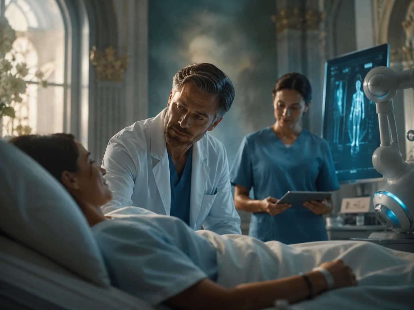 Clinicians supporting a patient in a bright healthcare environment.