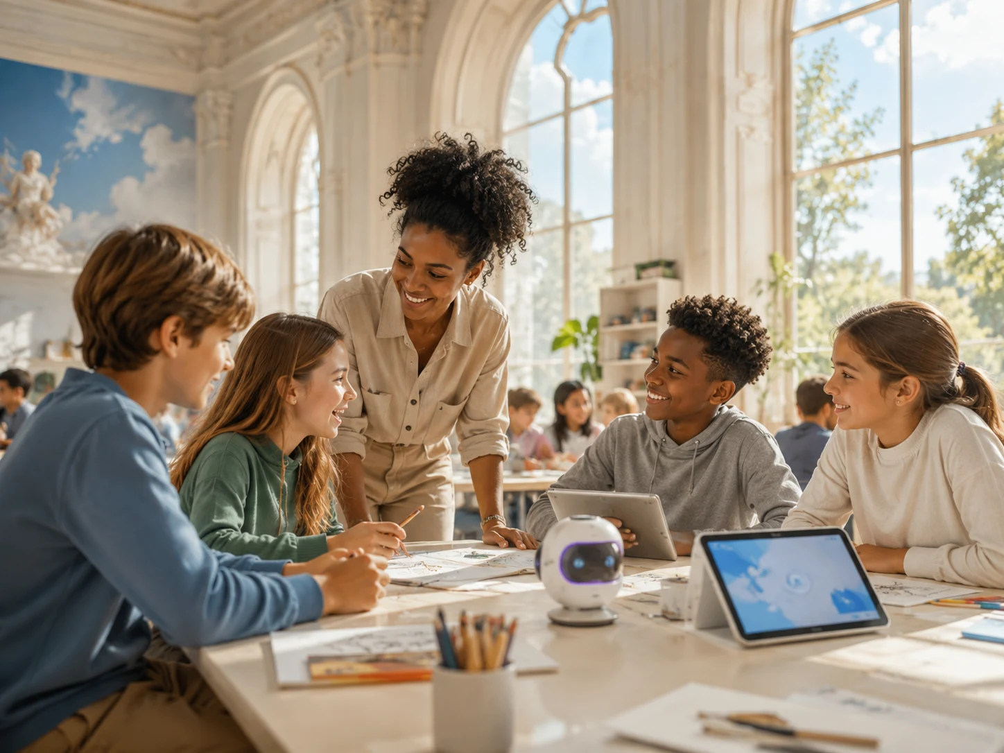 Students and an educator collaborating in a sunlit classroom.